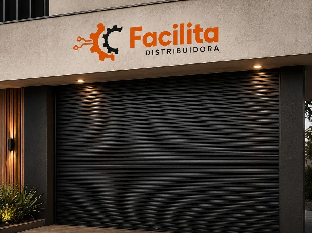 Porta de enrolar automática em fachada comercial